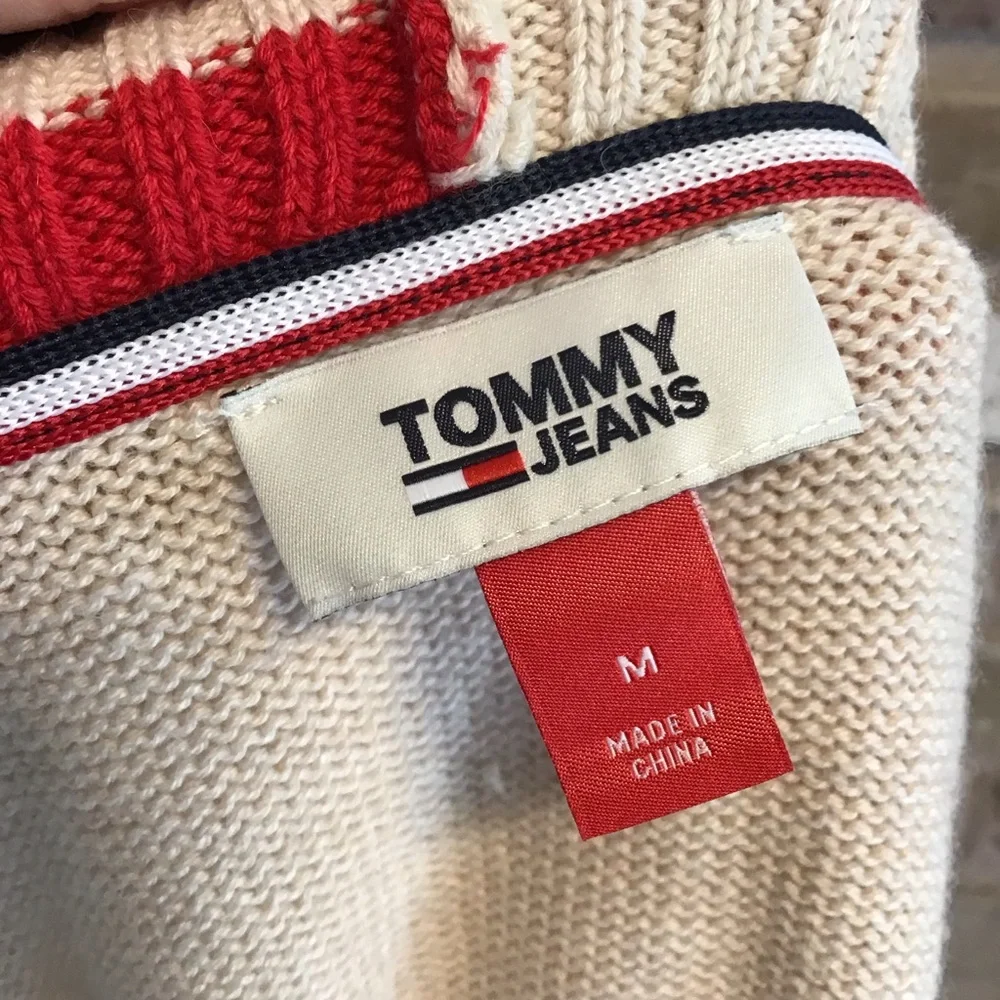 Tommy Hilfiger TOMMY JEANS Beige V-Neck Sweater Red & Black Striped Neckline M